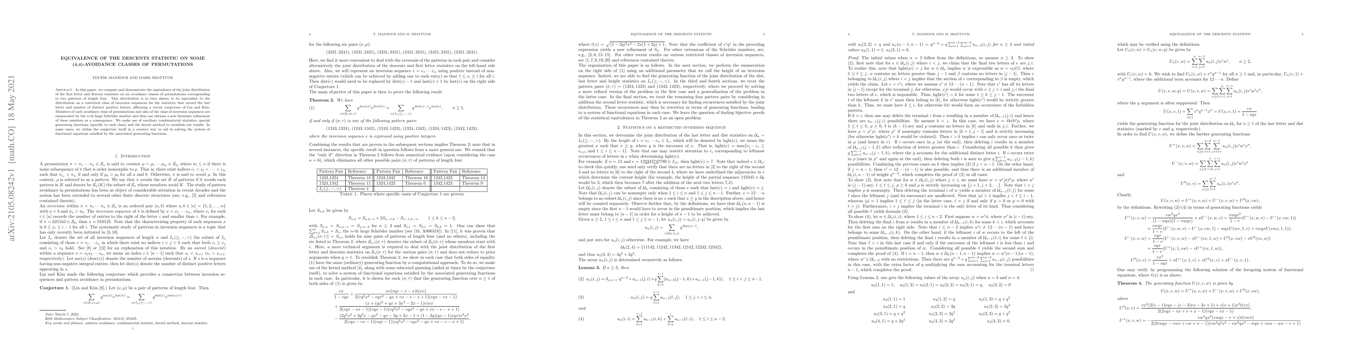 Thumbnail for Equivalence of the Descents Statistic on Some (4,4)-Avoidance Classes of
  Permutations