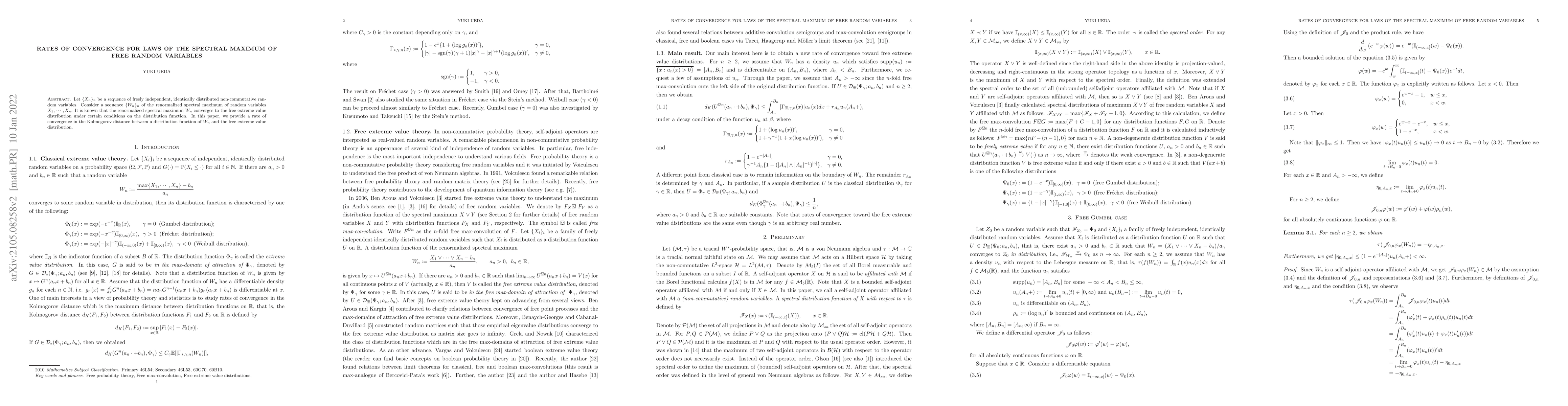 Thumbnail for Rates of convergence for laws of the spectral maximum of free random
  variables
