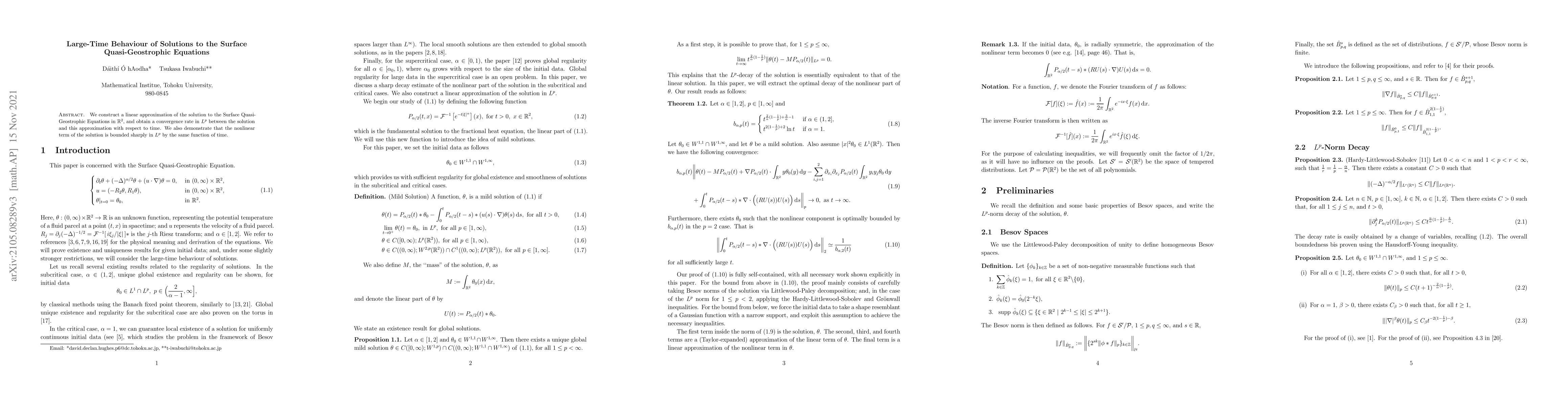 Thumbnail for Large-Time Behaviour of Solutions to the Surface Quasi-Geostrophic
  Equations
