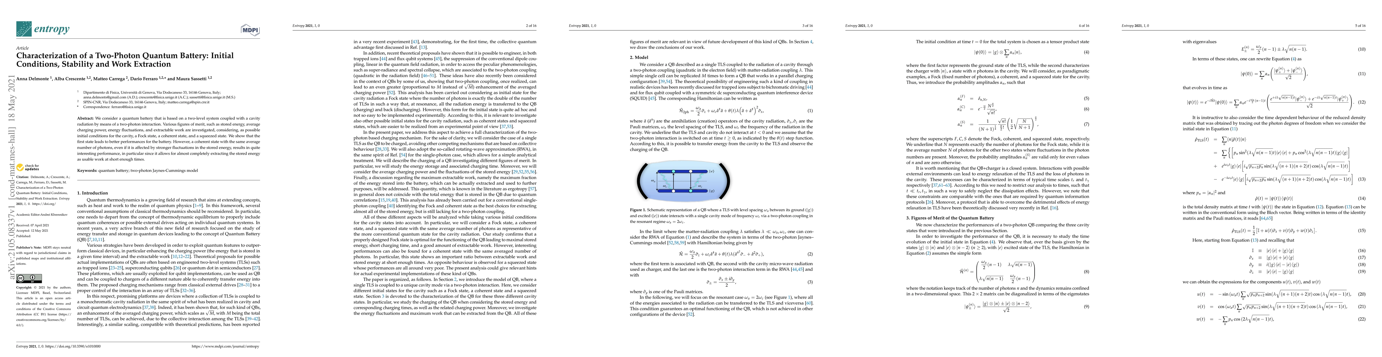 Thumbnail for Characterization of a Two-Photon Quantum Battery: Initial Conditions,
  Stability and Work Extraction