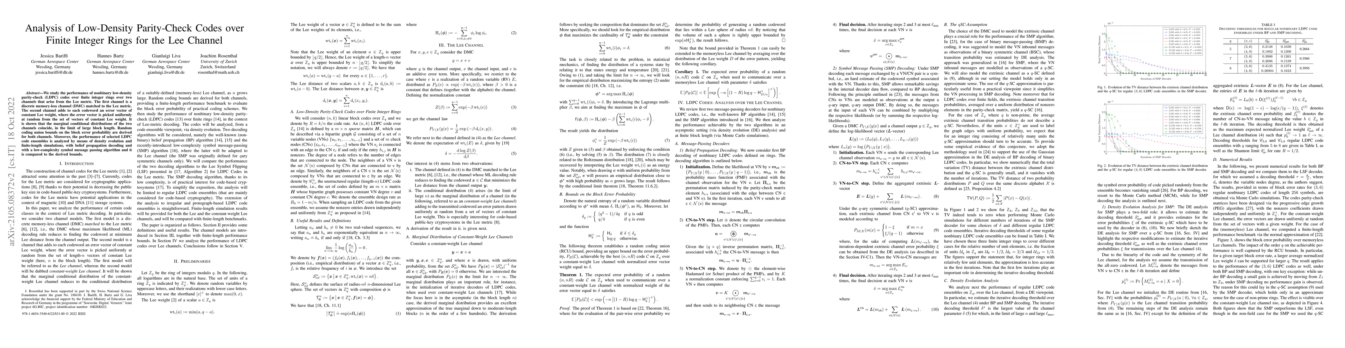 Thumbnail for Analysis of Low-Density Parity-Check Codes over Finite Integer Rings for
  the Lee Channel