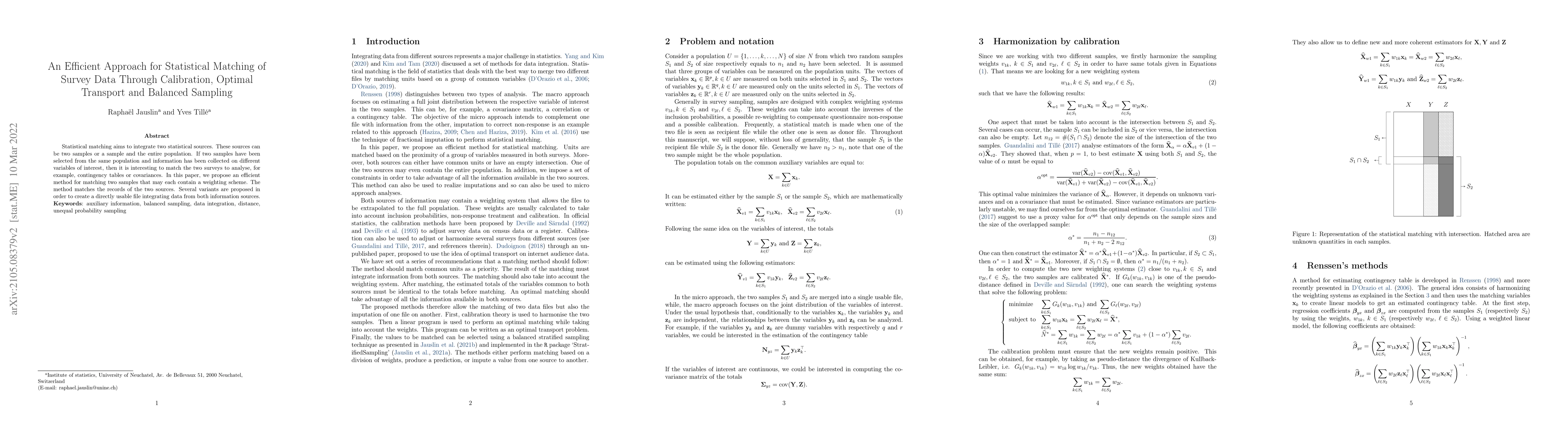 Thumbnail for An Efficient Approach for Statistical Matching of Survey Data Trough
  Calibration, Optimal Transport and Balanced Sampling