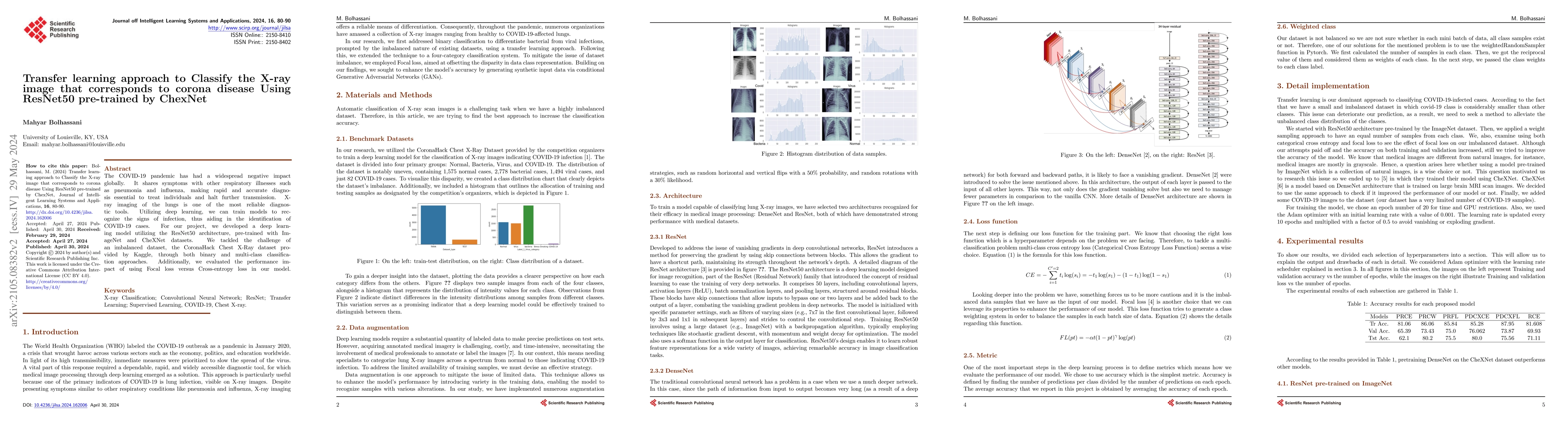 Thumbnail for Transfer learning approach to Classify the X-ray image that corresponds
  to corona disease Using ResNet50 pretrained by ChexNet
