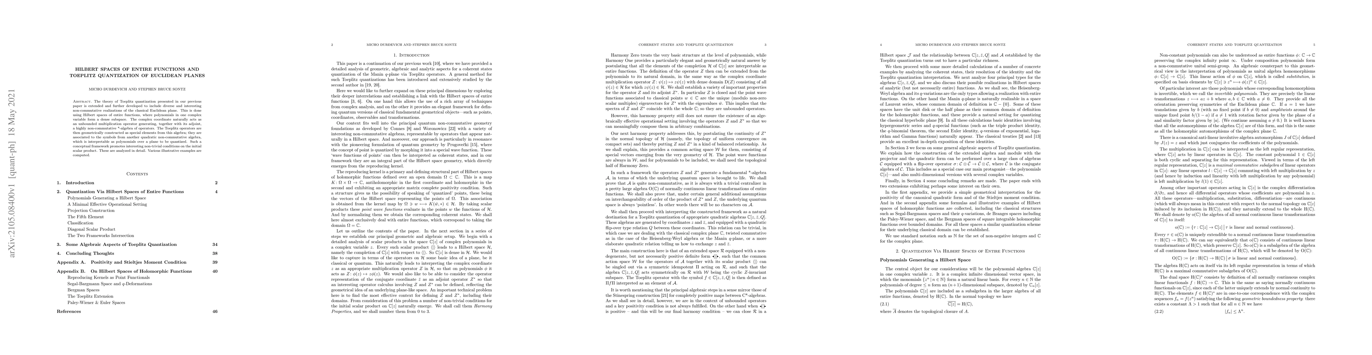 Thumbnail for Hilbert Spaces of Entire Functions and Toeplitz Quantization of
  Euclidean Planes