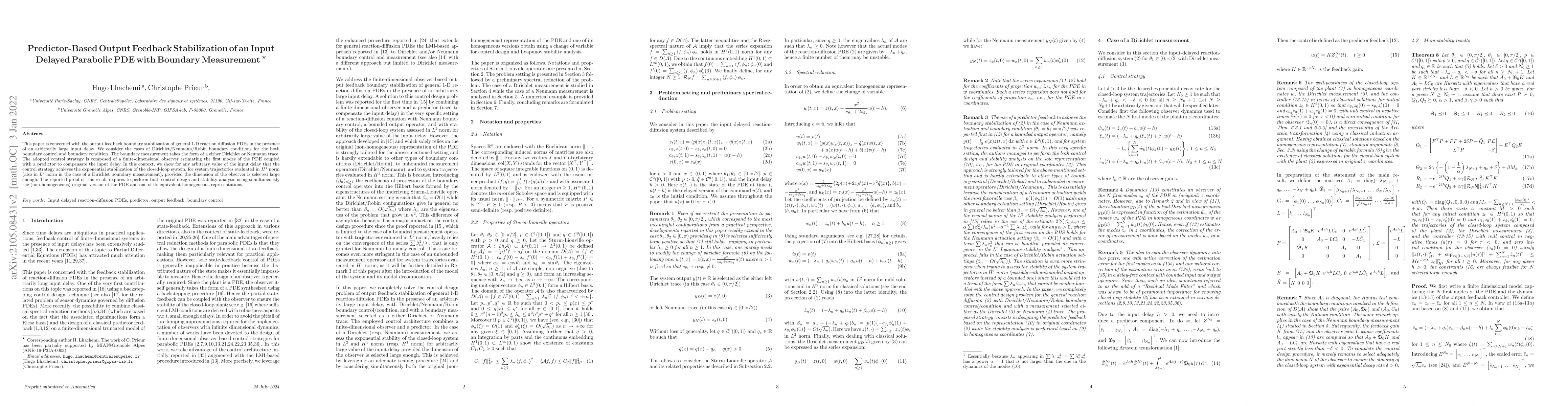 Thumbnail for Predictor-Based Output Feedback Stabilization of an Input Delayed
  Parabolic PDE with Boundary Measurement