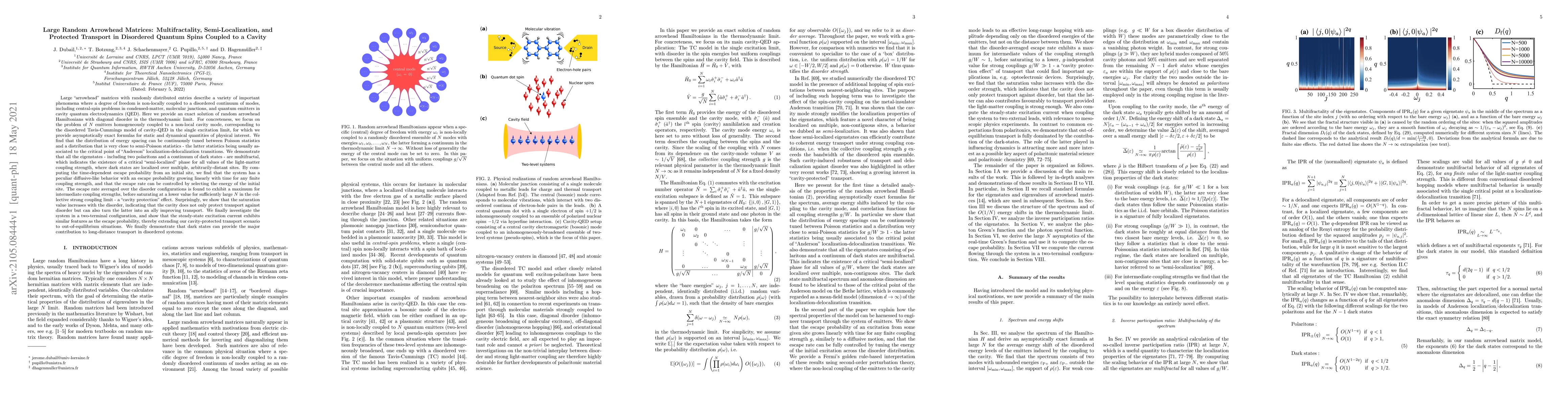 Thumbnail for Large Random Arrowhead Matrices: Multifractality, Semi-Localization, and
  Protected Transport in Disordered Quantum Spins Coupled to a Cavity