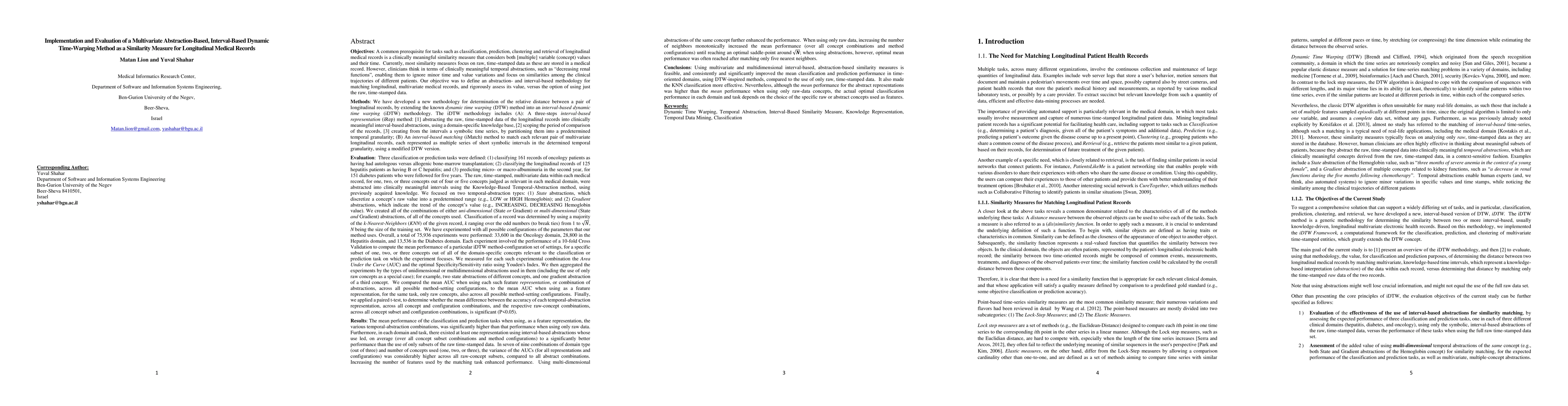 Thumbnail for Implementation and Evaluation of a Multivariate Abstraction-Based,
  Interval-Based Dynamic Time-Warping Method as a Similarity Measure for
  Longitudinal Medical Records