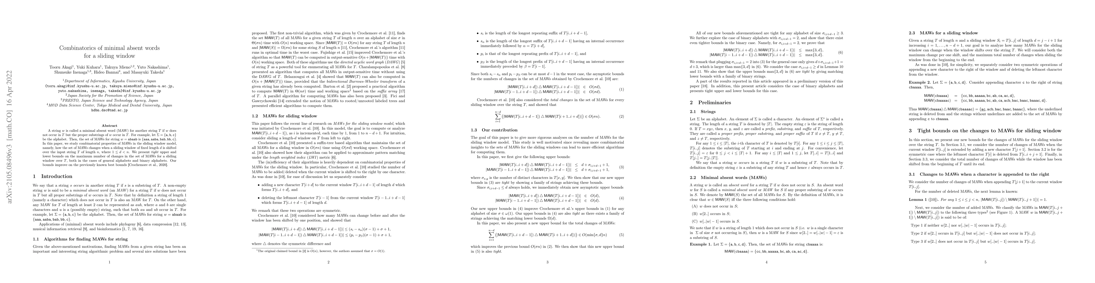 Thumbnail for Combinatorics of minimal absent words for a sliding window