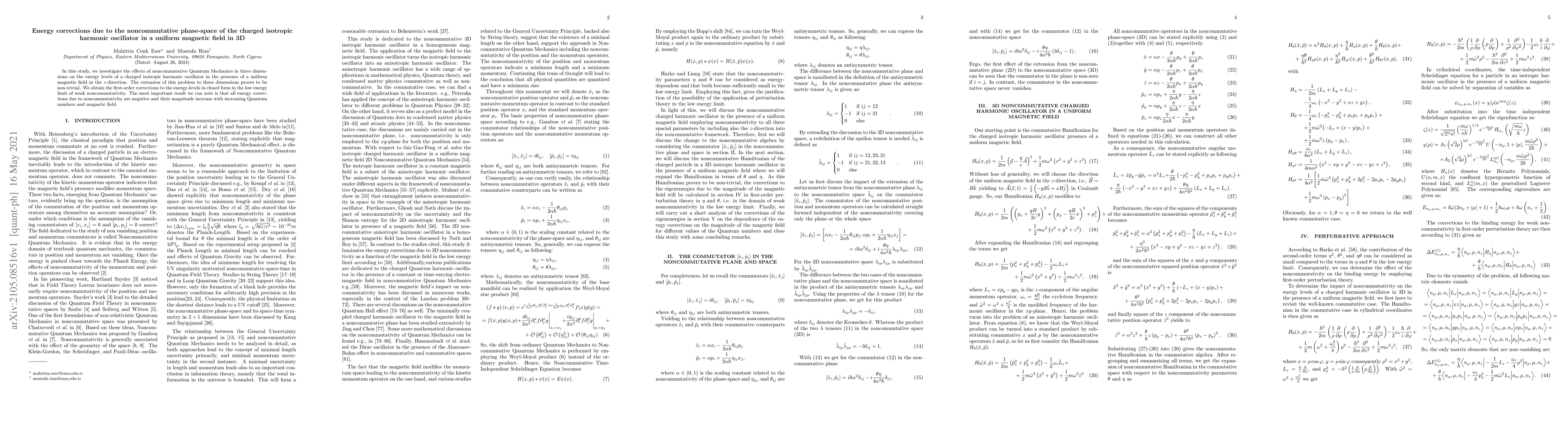 Thumbnail for Energy corrections due to the noncommutative phase-space of the charged
  isotropic harmonic oscillator in a uniform magnetic field in 3D