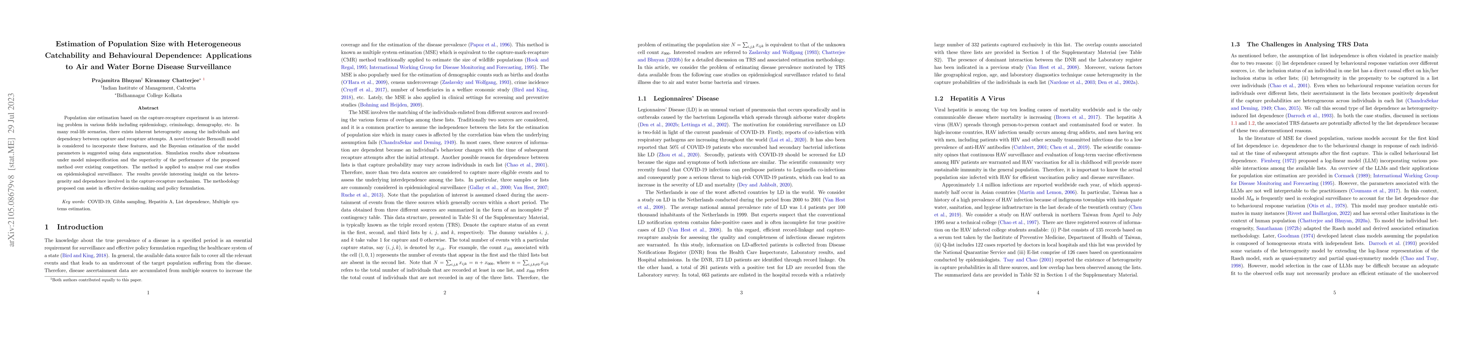 Thumbnail for Estimation of Population Size with Heterogeneous Catchability and
  Behavioural Dependence: Applications to Air and Water Borne Disease
  Surveillance