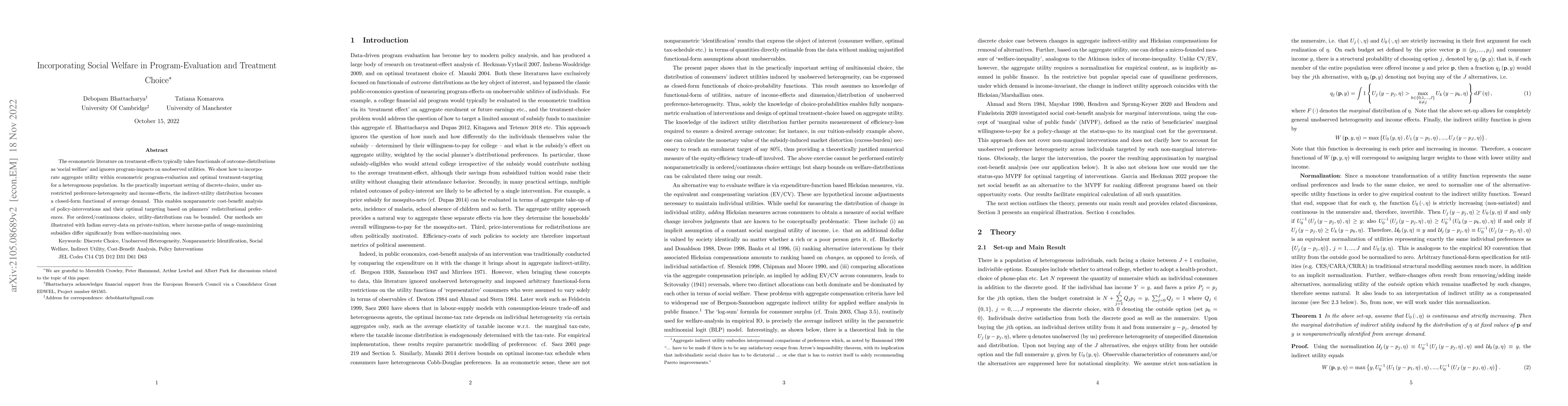 Thumbnail for Incorporating Social Welfare in Program-Evaluation and Treatment Choice