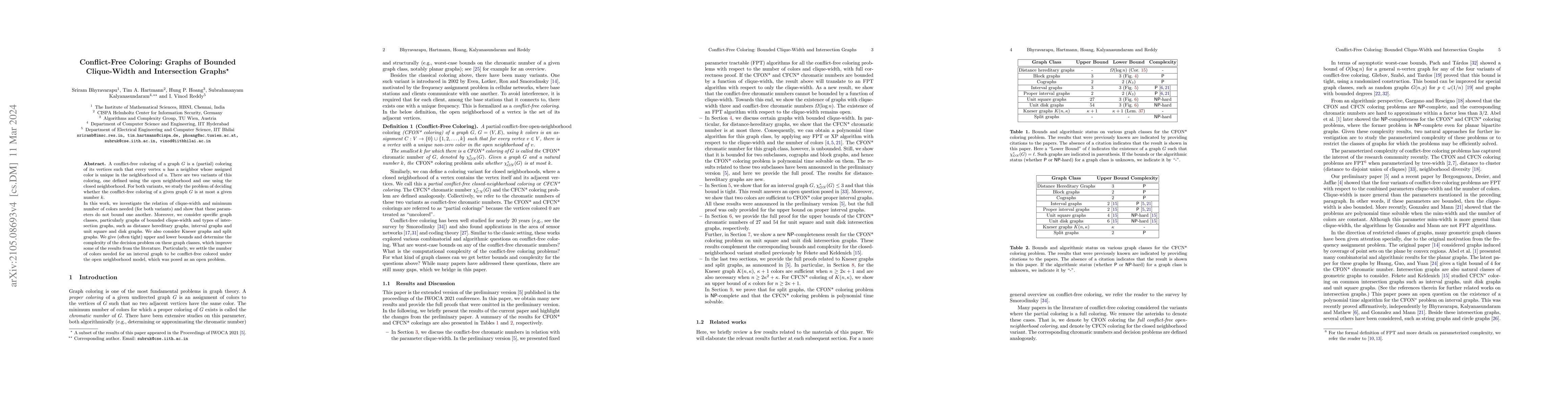 Thumbnail for Conflict-Free Coloring: Graphs of Bounded Clique Width and Intersection
  Graphs