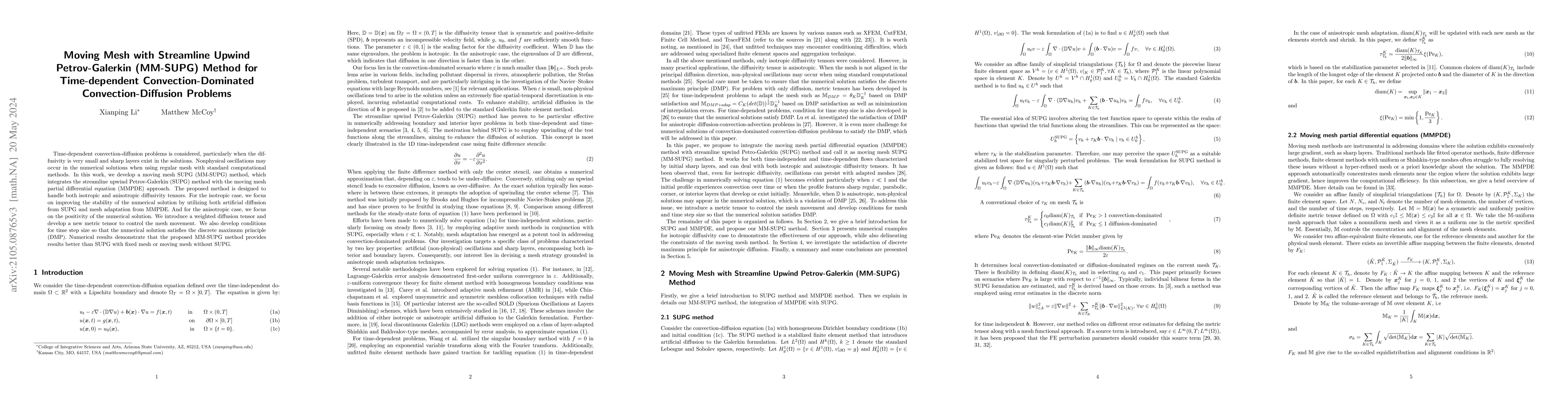 Thumbnail for Moving Mesh with Streamline Upwind Petrov-Galerkin (MM-SUPG) Method for
  Time-dependent Convection-Dominated Convection-Diffusion Problems