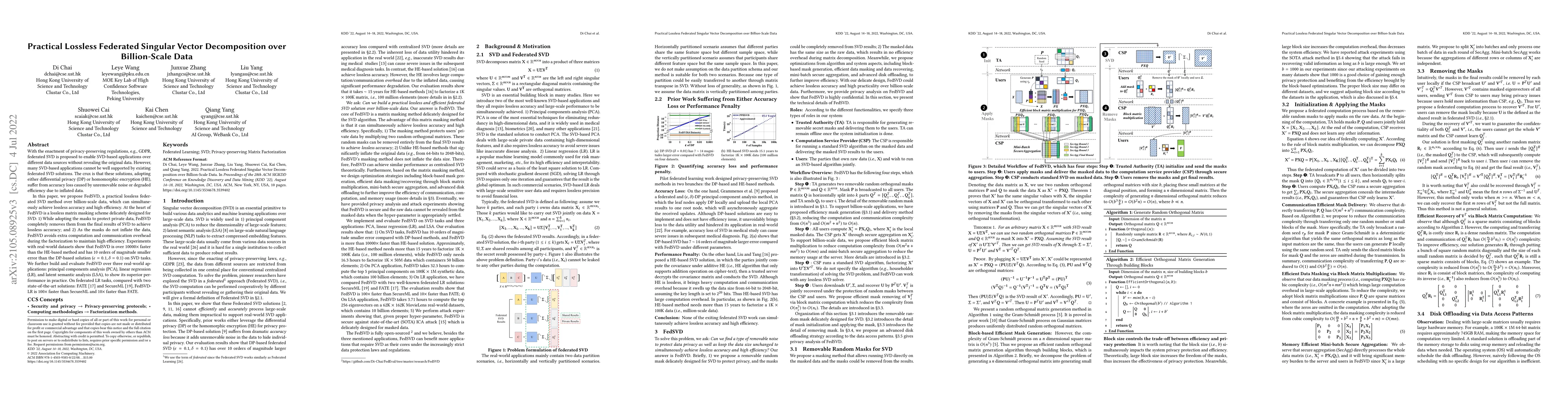 Thumbnail for Practical Lossless Federated Singular Vector Decomposition over
  Billion-Scale Data