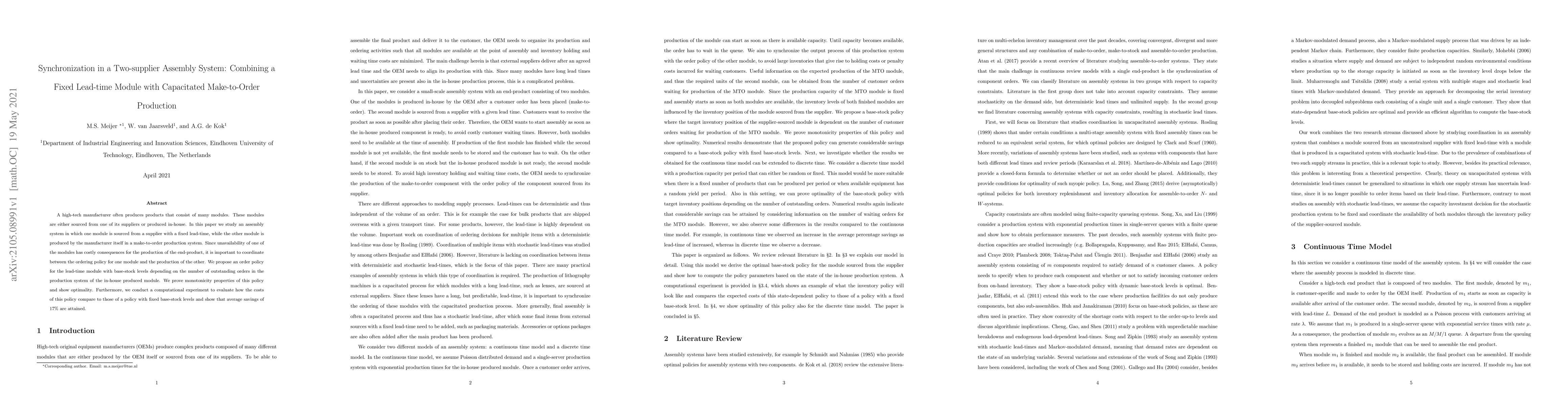 Thumbnail for Synchronization in a Two-supplier Assembly System: Combining a Fixed
  Lead-time Module with Capacitated Make-to-Order Production
