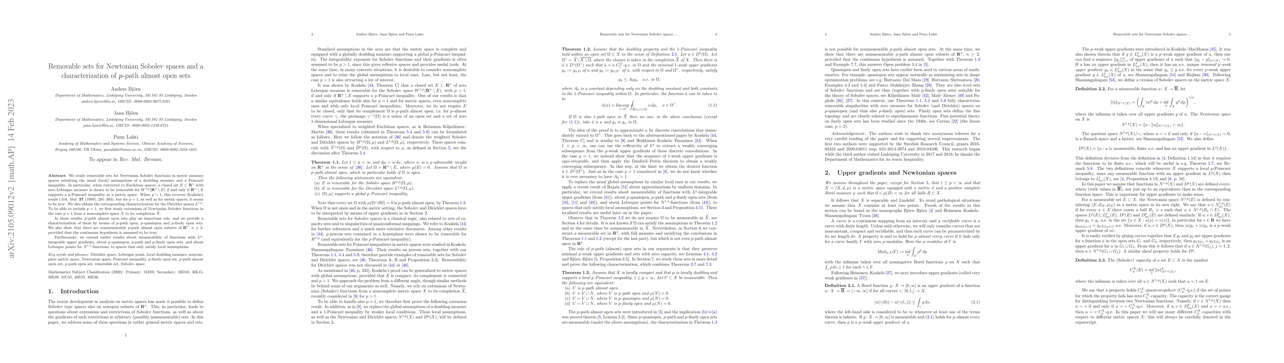 Thumbnail for Removable sets for Newtonian Sobolev spaces and a characterization of
  $p$-path almost open sets
