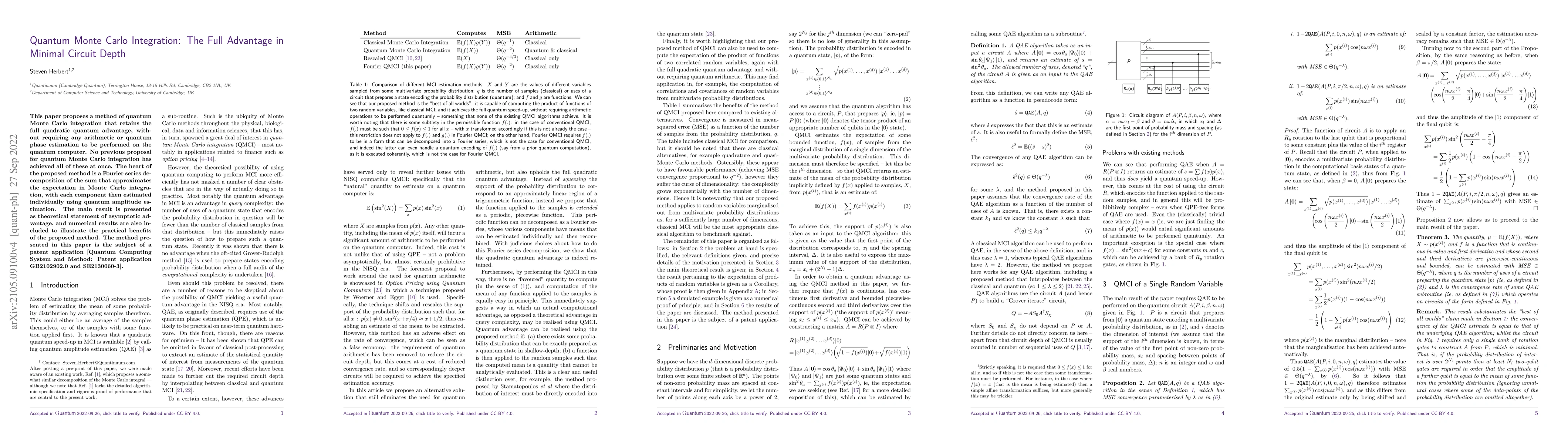 Thumbnail for Quantum Monte Carlo Integration: The Full Advantage in Minimal Circuit
  Depth