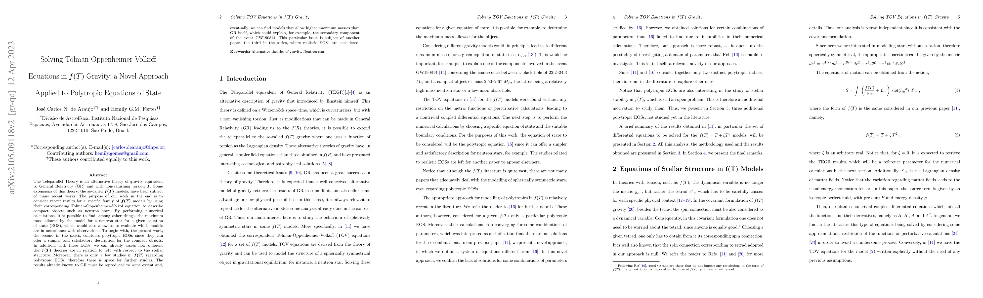 Thumbnail for Solving Tolman-Oppenheimer-Volkoff equations in $f(T)$ gravity: a novel
  approach applied to polytropic equations of state