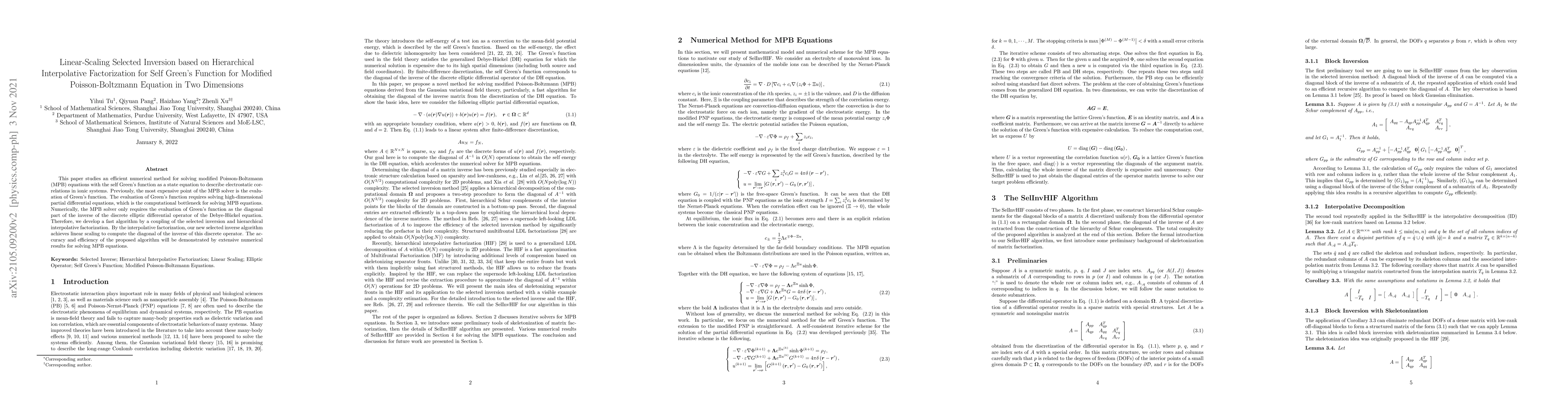 Thumbnail for Linear-Scaling Selected Inversion based on Hierarchical Interpolative
  Factorization for Self Green's Function for Modified Poisson-Boltzmann
  Equation in Two Dimensions