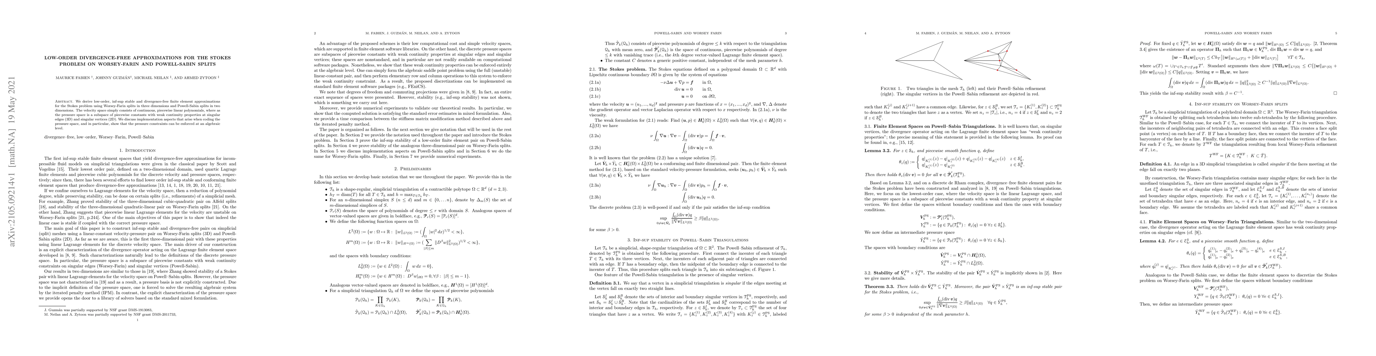 Thumbnail for Low-order divergence-free approximations for the Stokes problem on
  Worsey-Farin and Powell-Sabin splits