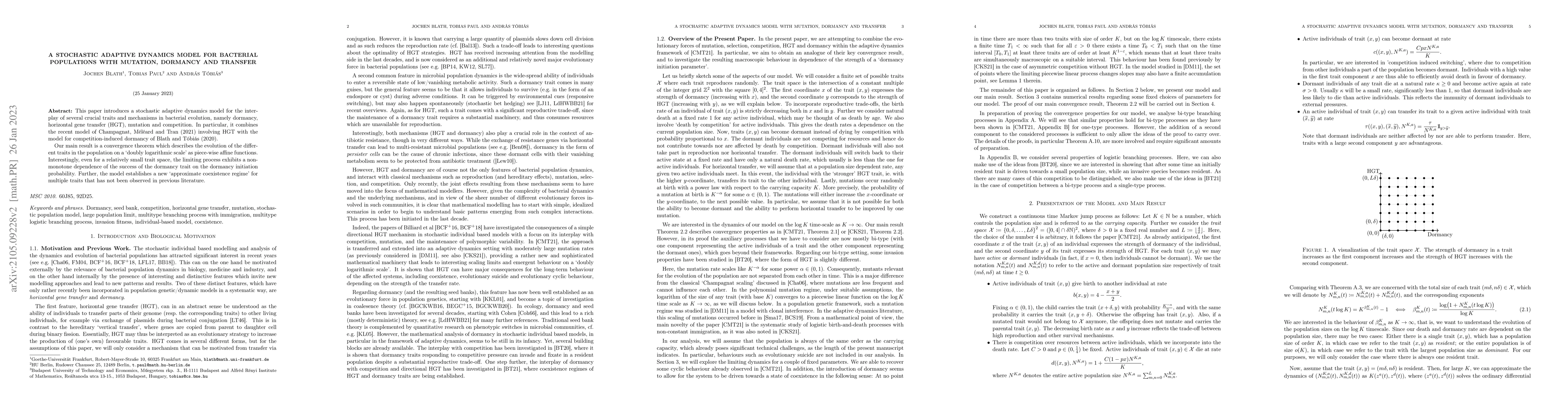 Thumbnail for A Stochastic Adaptive Dynamics Model for Bacterial Populations with
  Mutation, Dormancy and Transfer
