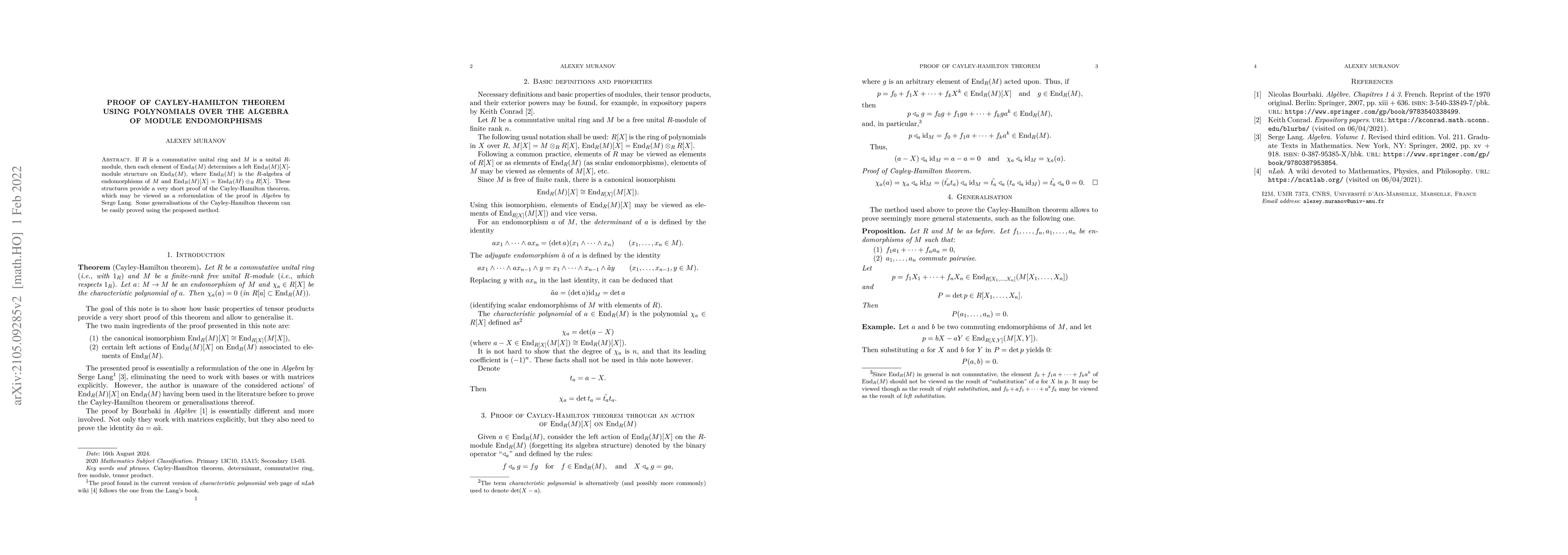 Thumbnail for Proof of Cayley-Hamilton theorem using polynomials over the algebra of
  module endomorphisms