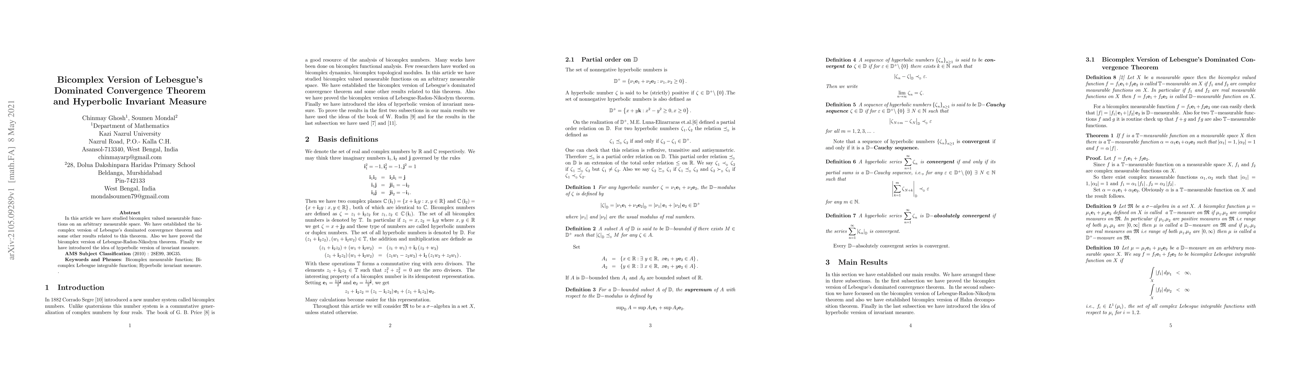 Thumbnail for Bicomplex Version of Lebesgue's Dominated Convergence Theorem and
  Hyperbolic Invariant Measure