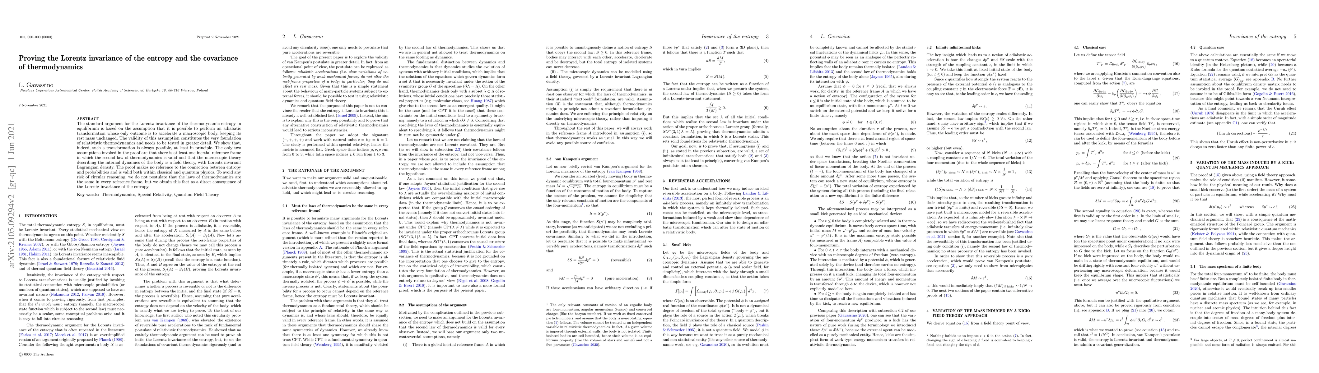 Thumbnail for Proving the Lorentz invariance of the entropy and the covariance of
  thermodynamics