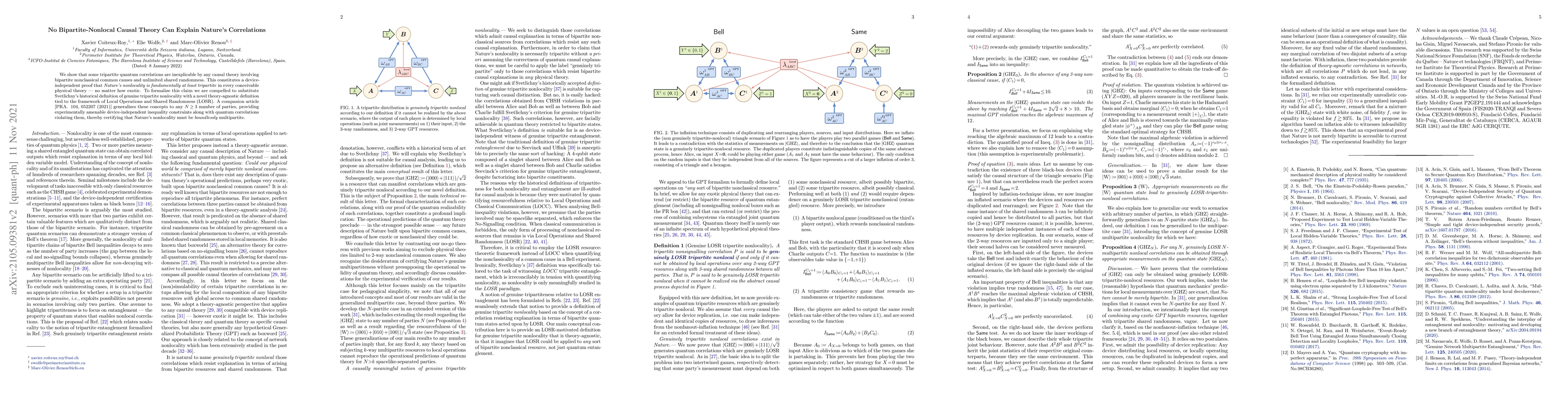 Thumbnail for No Bipartite-Nonlocal Causal Theory Can Explain Nature's Correlations