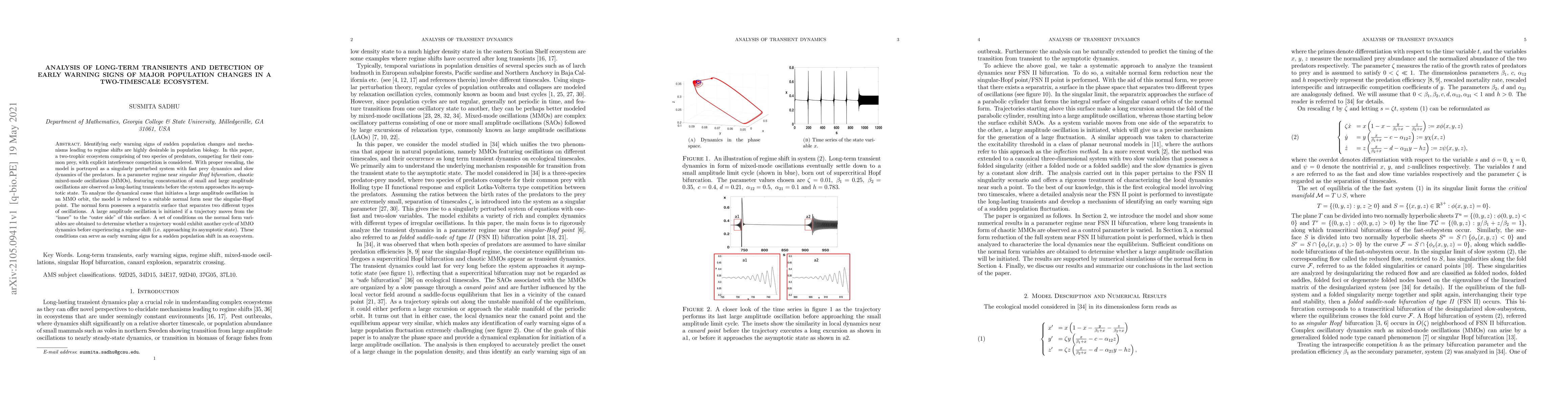 Thumbnail for Analysis of long-term transients and detection of early warning signs of
  major population changes in a two-timescale ecosystem