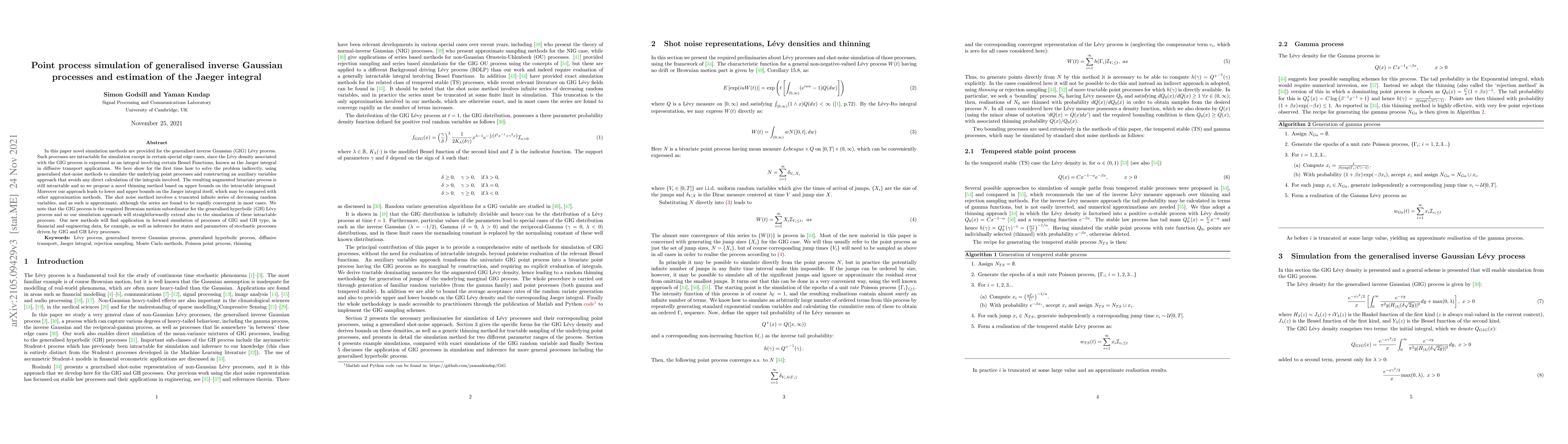 Thumbnail for Point process simulation of generalised inverse Gaussian processes and
  estimation of the Jaeger integral