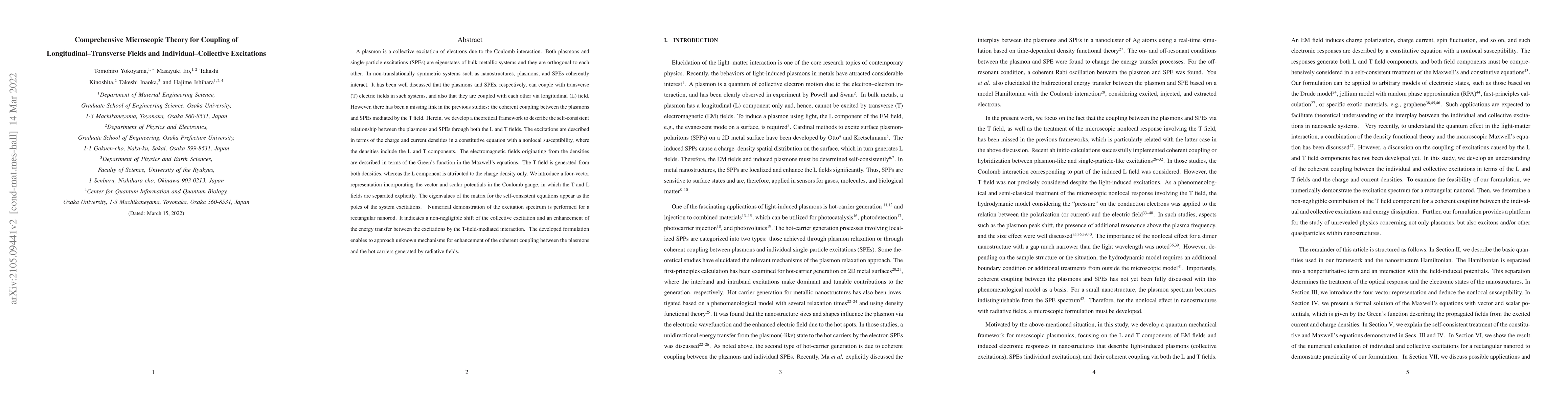 Thumbnail for Comprehensive Microscopic Theory for Coupling of
  Longitudinal--Transverse Fields and Individual--Collective Excitations