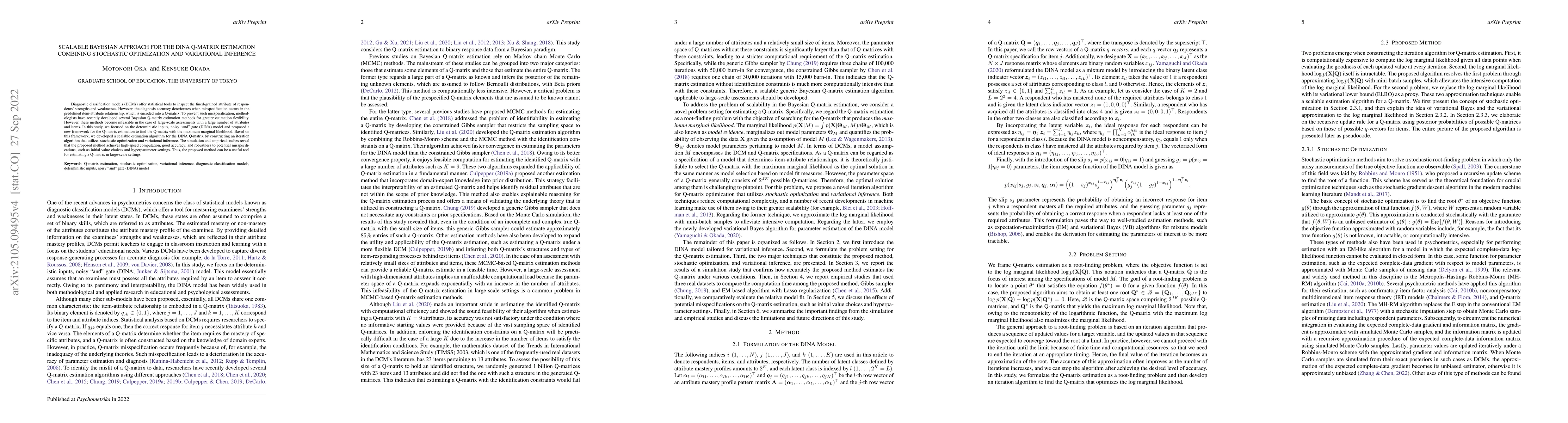 Thumbnail for Scalable Bayesian Approach for the DINA Q-matrix Estimation Combining
  Stochastic Optimization and Variational Inference