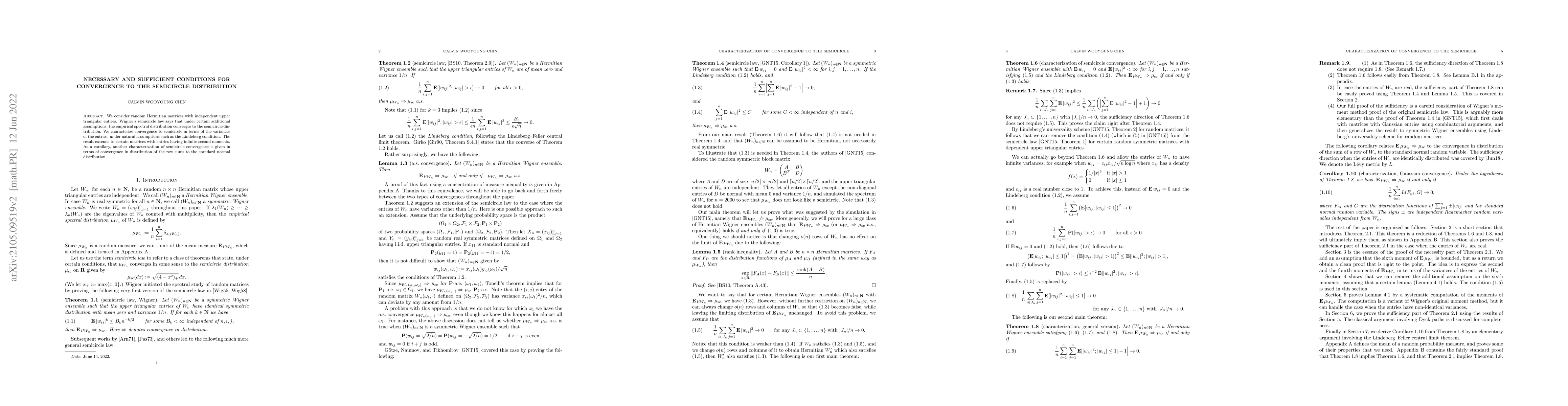 Thumbnail for Necessary and Sufficient Conditions for Convergence to the Semicircle
  Distribution