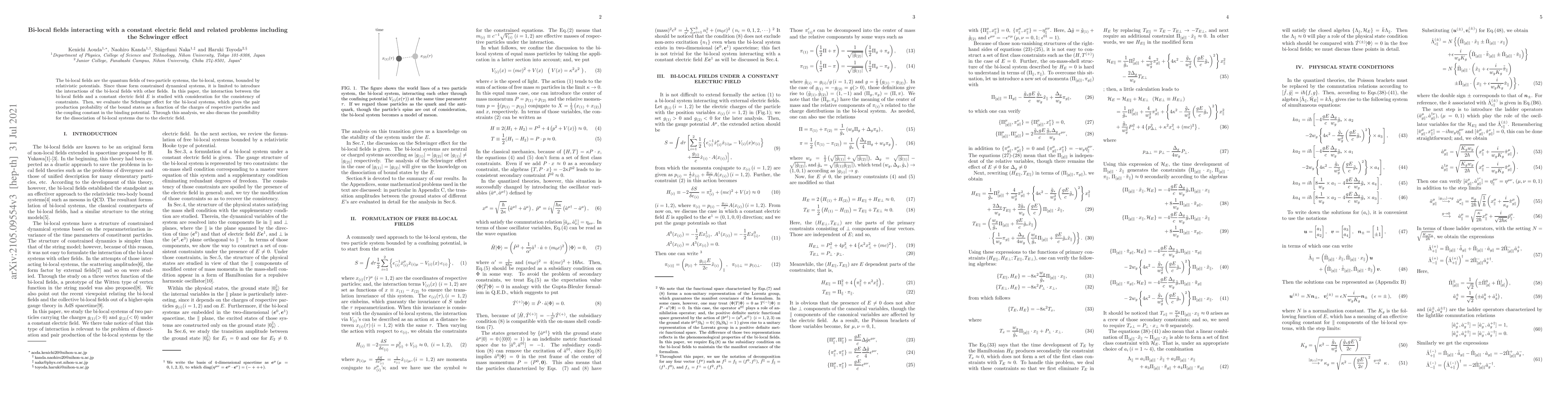 Thumbnail for Bi-local fields interacting with a constant electric field and related
  problems including the Schwinger effect