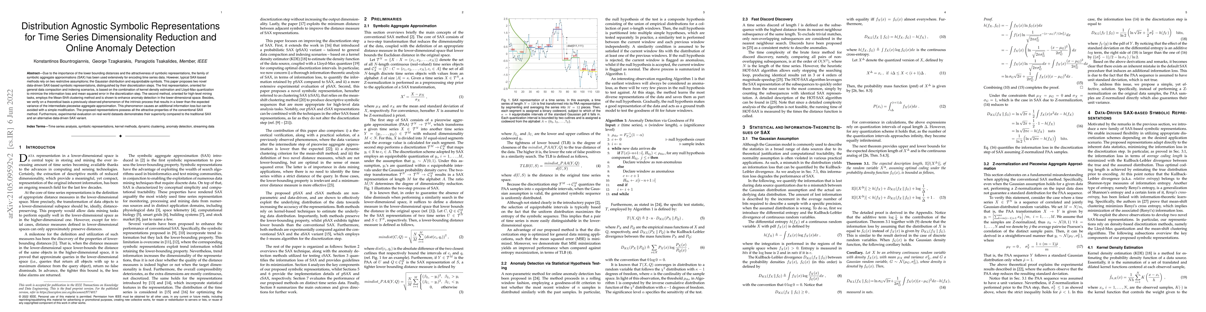 Thumbnail for Distribution Agnostic Symbolic Representations for Time Series
  Dimensionality Reduction and Online Anomaly Detection