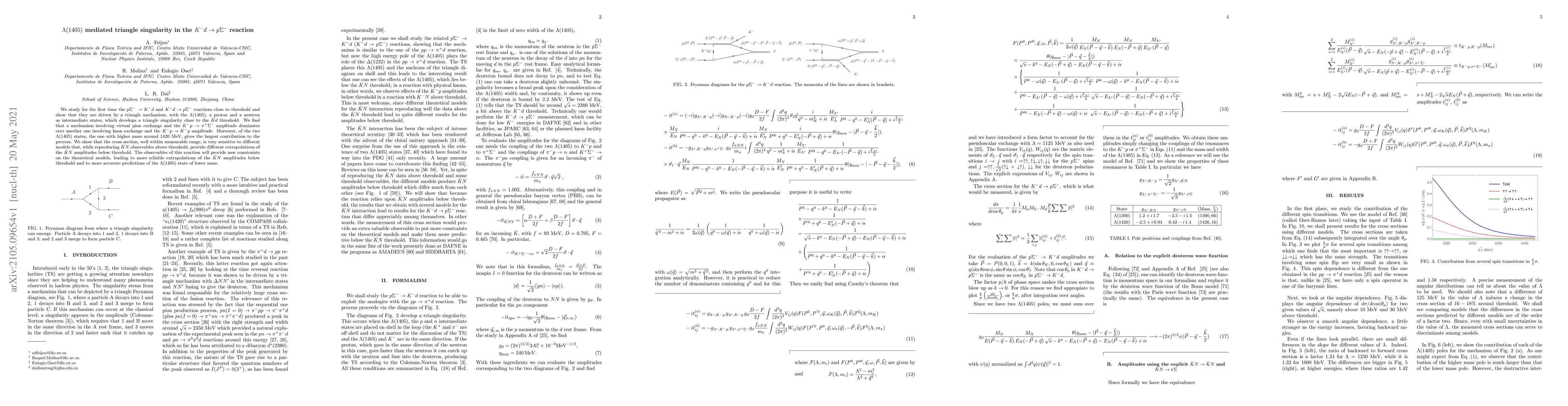 Thumbnail for $\Lambda(1405)$ mediated triangle singularity in the $K^-d\to p\Sigma^-$
  reaction