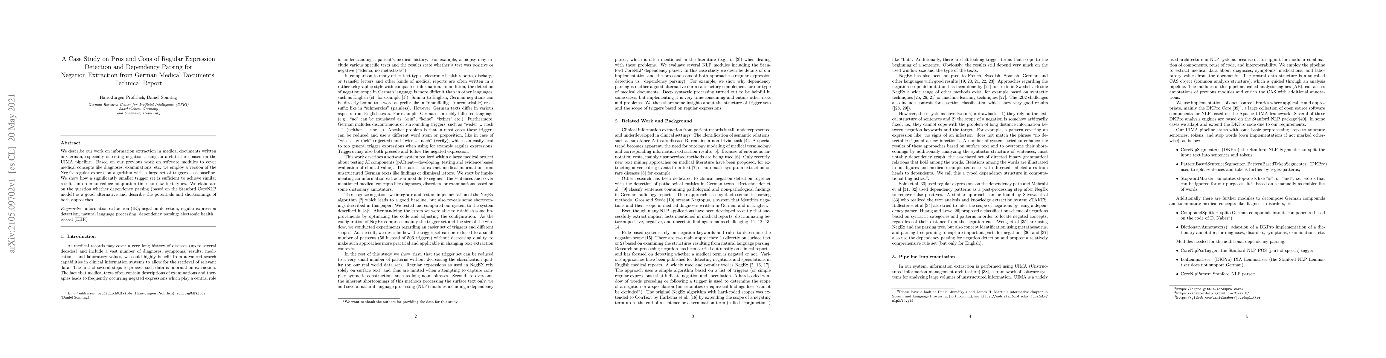 Thumbnail for A Case Study on Pros and Cons of Regular Expression Detection and
  Dependency Parsing for Negation Extraction from German Medical Documents.
  Technical Report