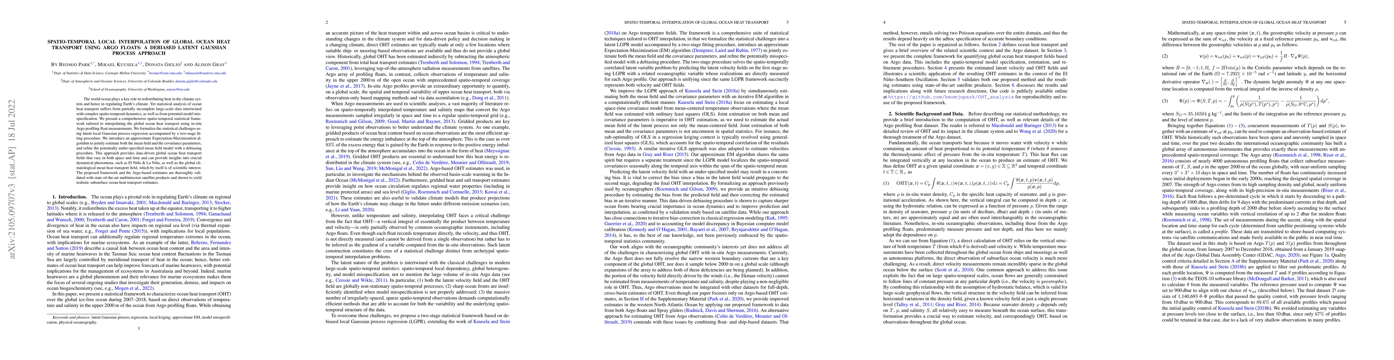 Thumbnail for Spatio-temporal Local Interpolation of Global Ocean Heat Transport using
  Argo Floats: A Debiased Latent Gaussian Process Approach
