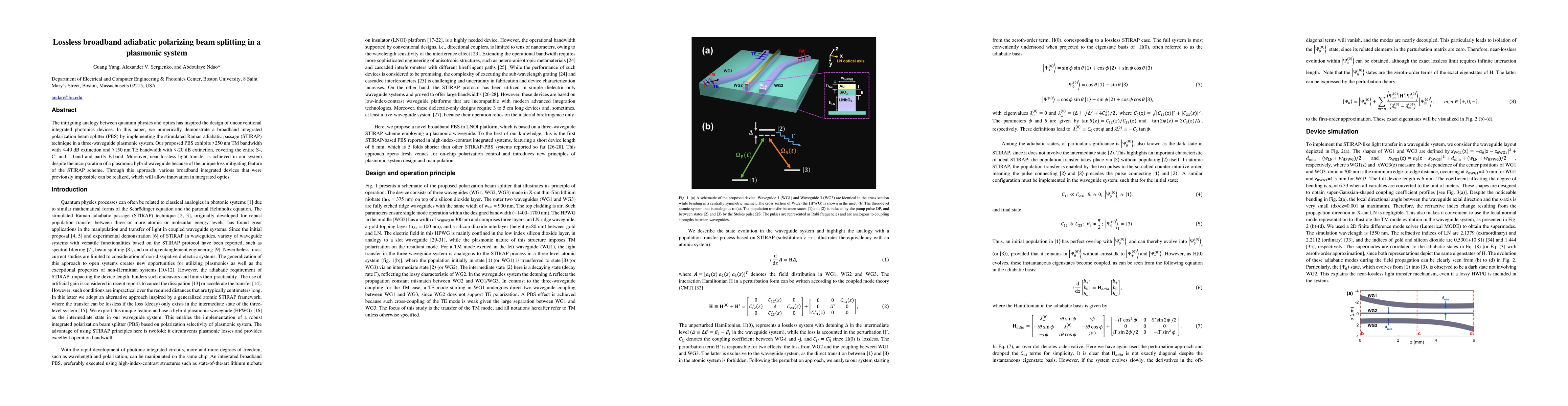 Thumbnail for Lossless broadband adiabatic polarizing beam splitting in a plasmonic
  system