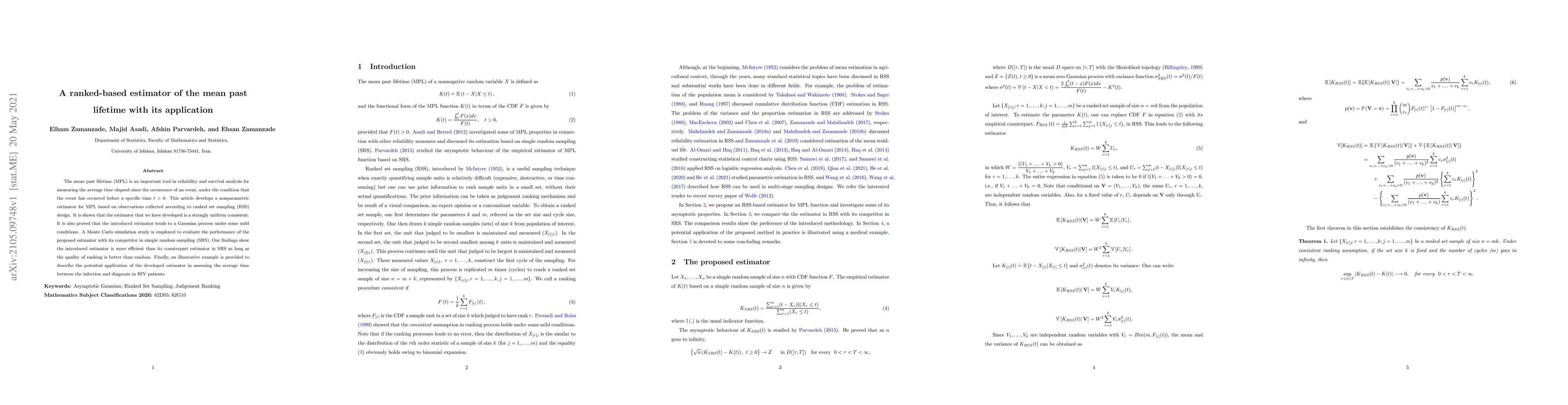 Thumbnail for A ranked-based estimator of the mean past lifetime with its application