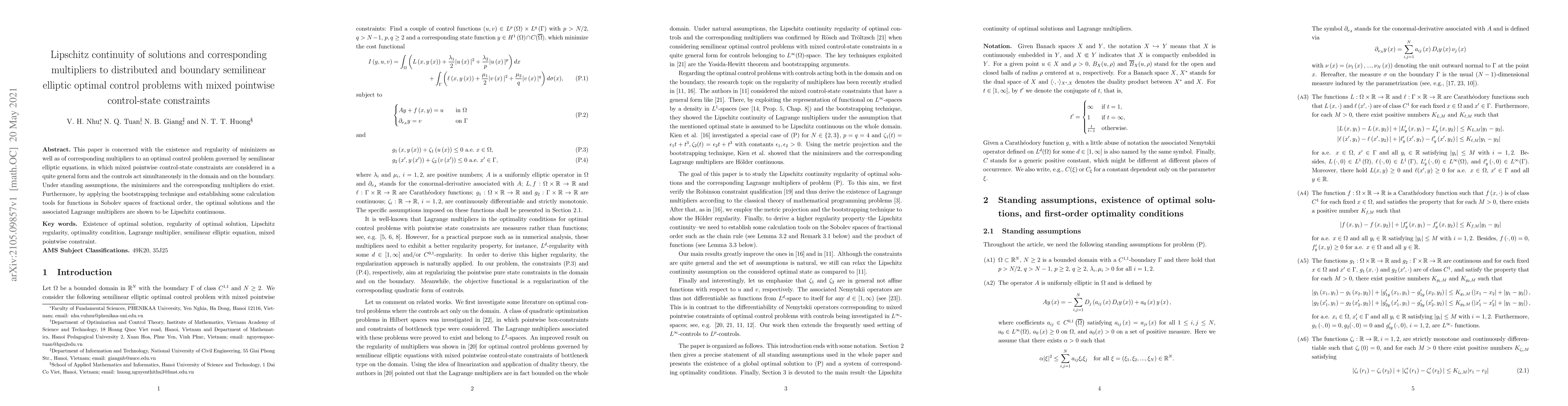 Thumbnail for Lipschitz continuity of solutions and corresponding multipliers to
  distributed and boundary semilinear elliptic optimal control problems with
  mixed pointwise control-state constraints