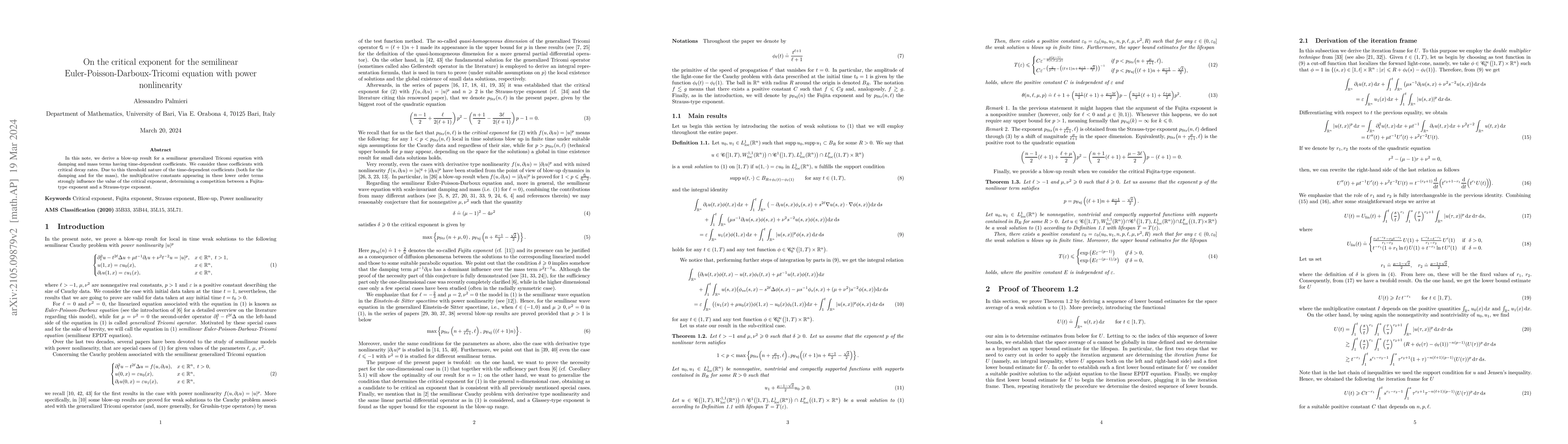 Thumbnail for On the the critical exponent for the semilinear
  Euler-Poisson-Darboux-Tricomi equation with power nonlinearity