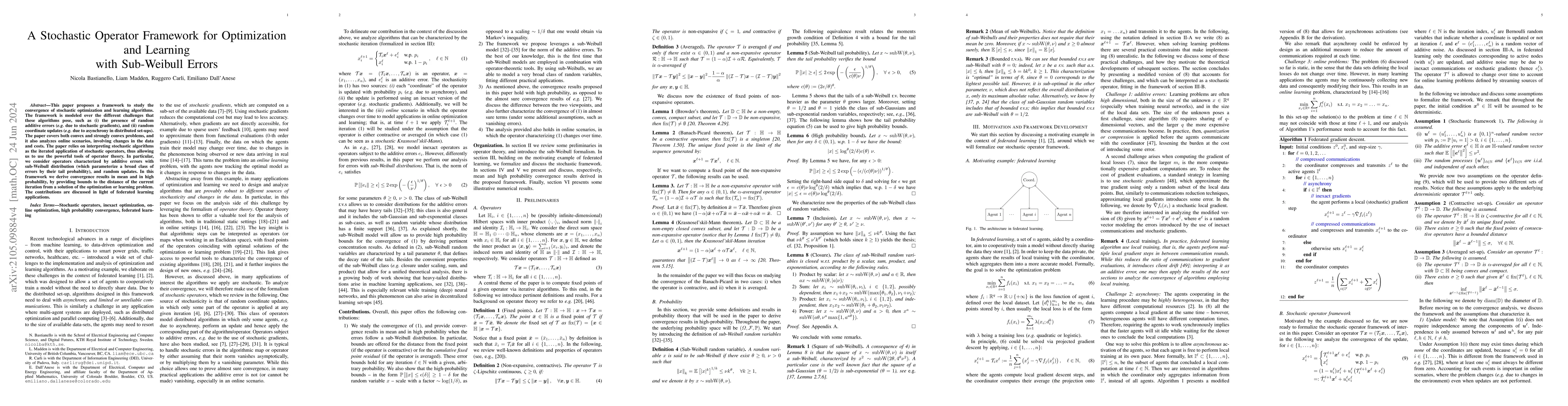 Thumbnail for A Stochastic Operator Framework for Optimization and Learning with
  Sub-Weibull Errors