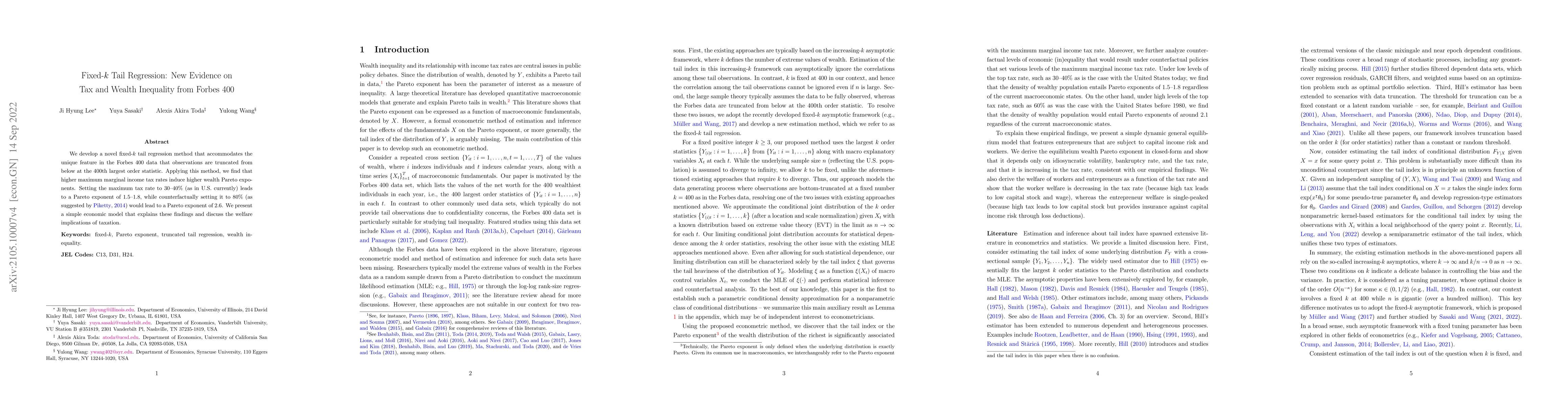 Thumbnail for Fixed-k Tail Regression: New Evidence on Tax and Wealth Inequality from
  Forbes 400