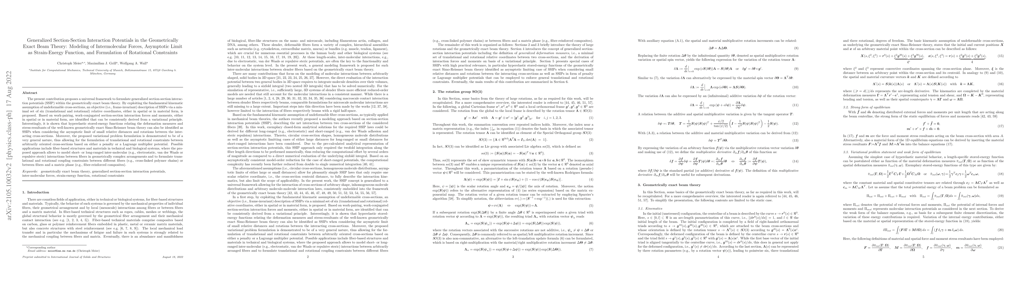 Thumbnail for Generalized Section-Section Interaction Potentials in the Geometrically
  Exact Beam Theory: Modeling of Intermolecular Forces, Asymptotic Limit as
  Strain-Energy Function, and Formulation of Rotational Constraints