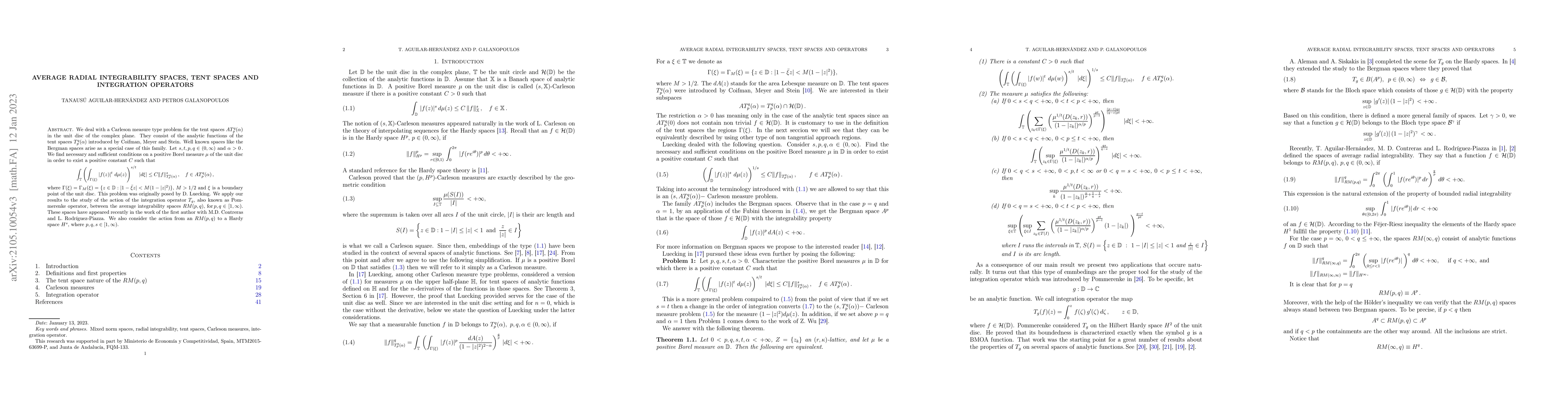 Thumbnail for Average radial integrability spaces, tent spaces and integration
  operators