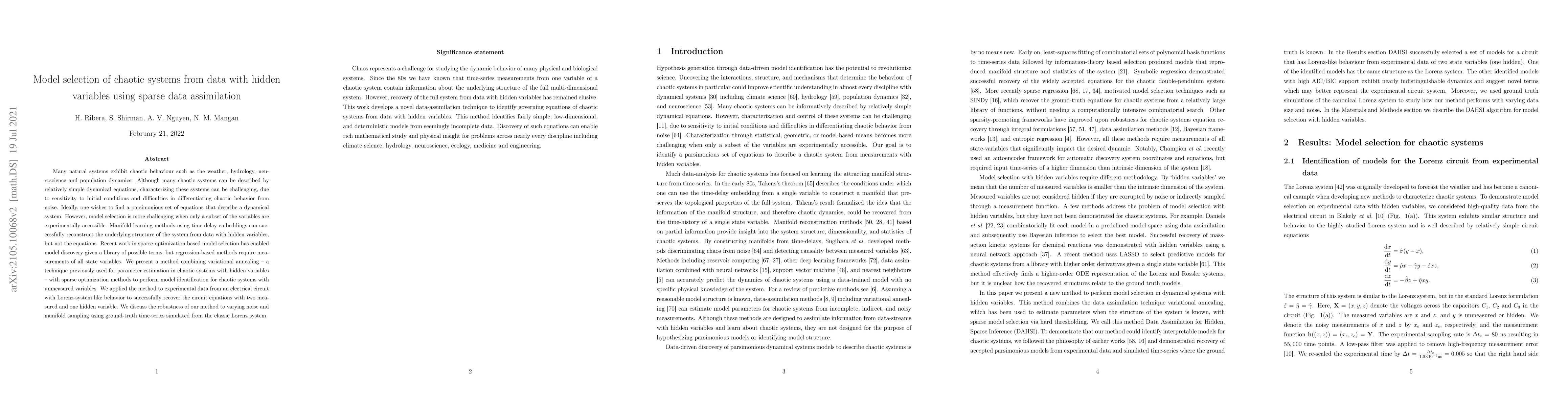 Thumbnail for Model selection of chaotic systems from data with hidden variables using
  sparse data assimilation
