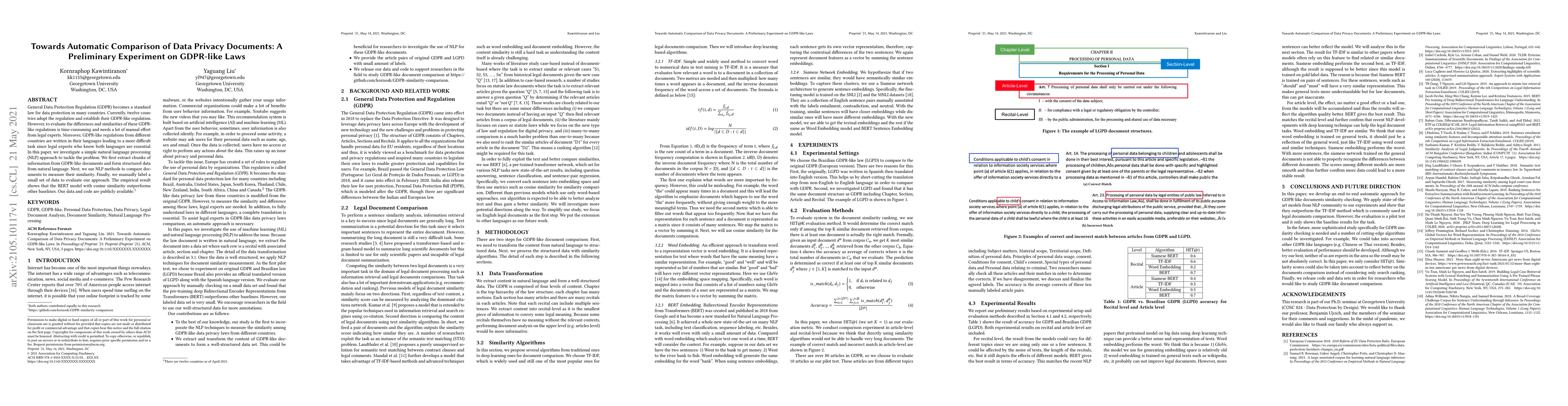 Thumbnail for Towards Automatic Comparison of Data Privacy Documents: A Preliminary
  Experiment on GDPR-like Laws