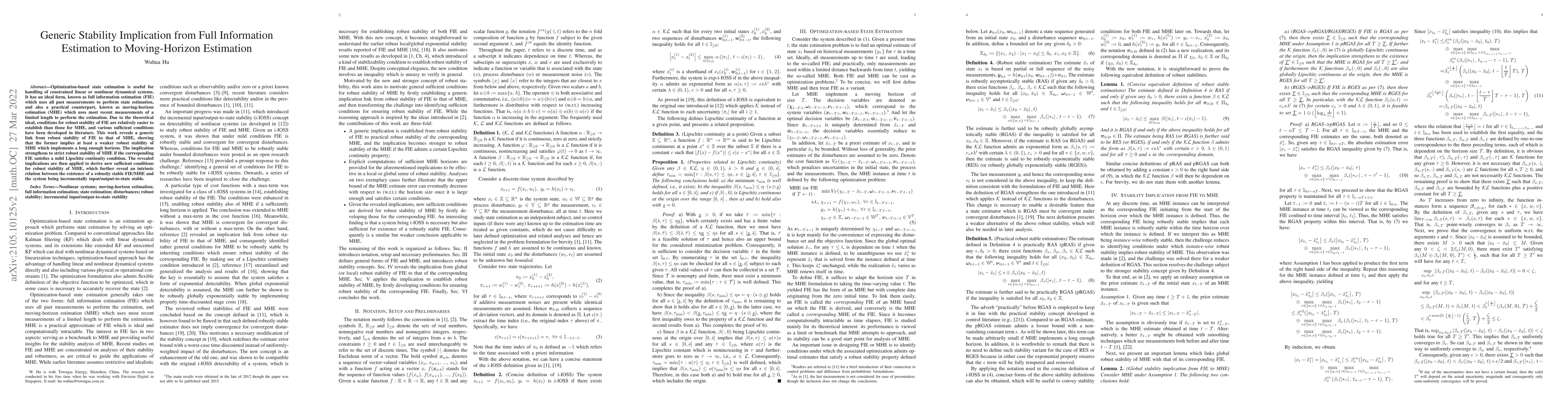 Thumbnail for Generic Stability Implication from Full Information Estimation to
  Moving-Horizon Estimation